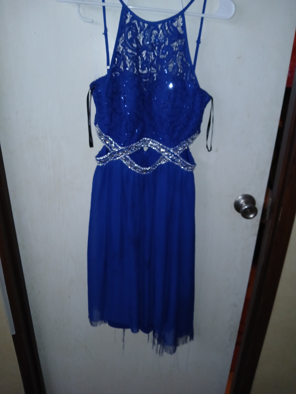 Elegant Royal Blue Beaded Halter Dress